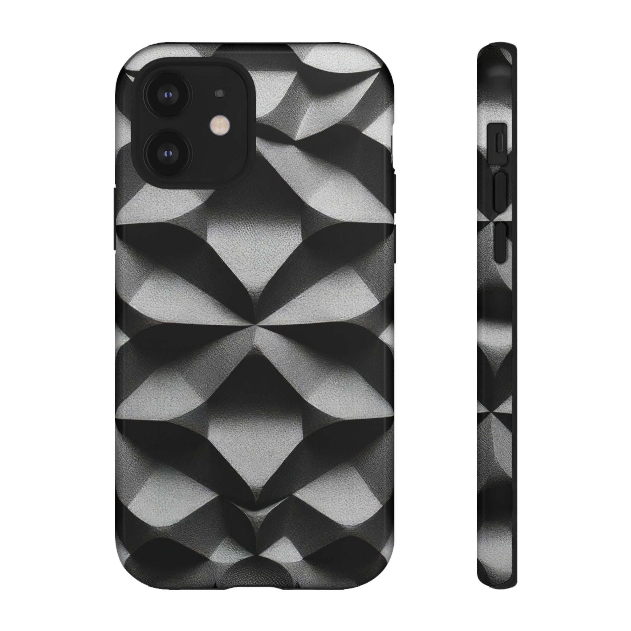 Black phone case with geometric diamond pattern, camera cutouts and side buttons cutout