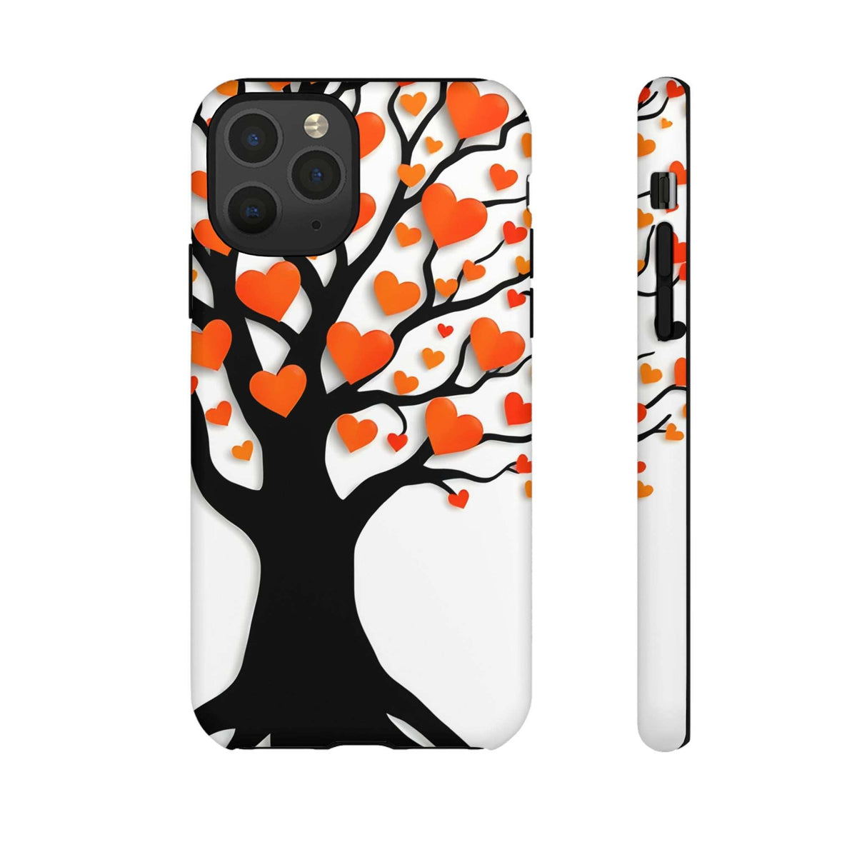 Phone case featuring orange hearts on a white field with black tree silhouette, side view