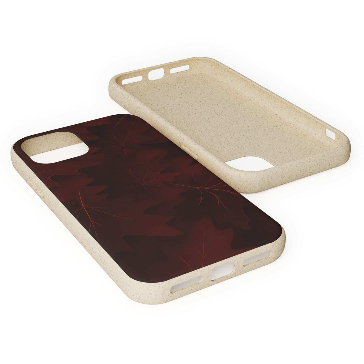 Phone case set: dark red leaf pattern case and beige back case with camera openings