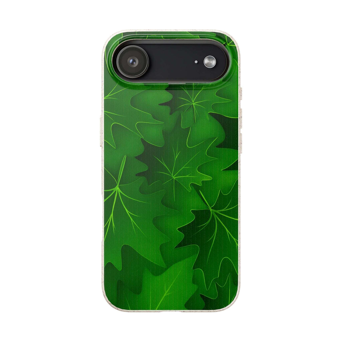Green leaf-pattern phone case front view with large camera bar and cutouts