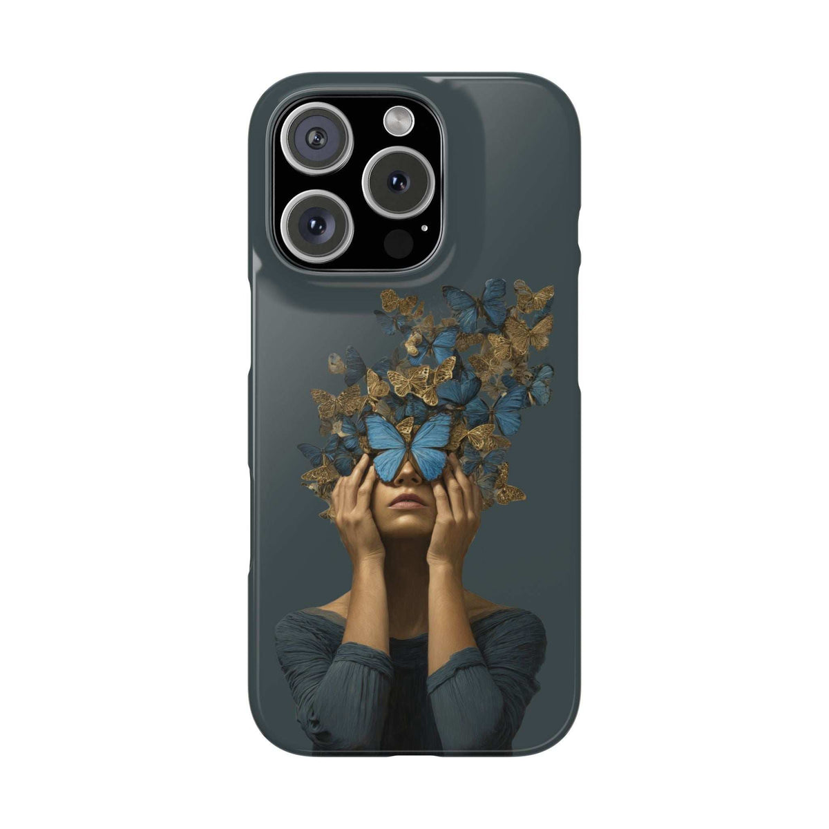 Dark blue phone case with gold butterfly artwork and blue butterfly detail, front with camera cutouts.
