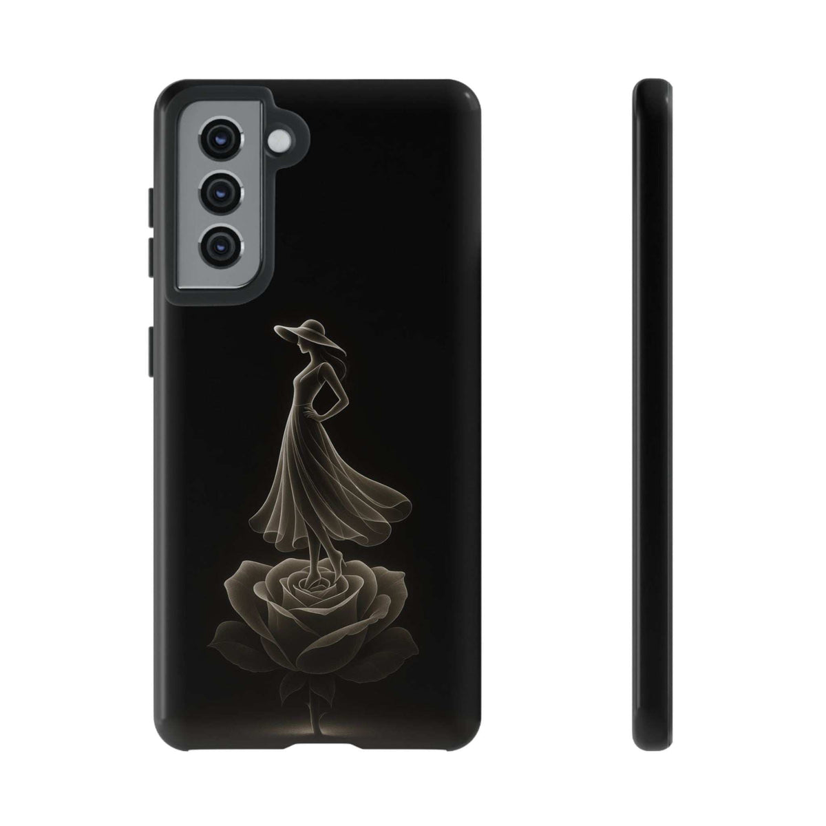 Glossy black phone case with floral dancer artwork and visible camera lens openings