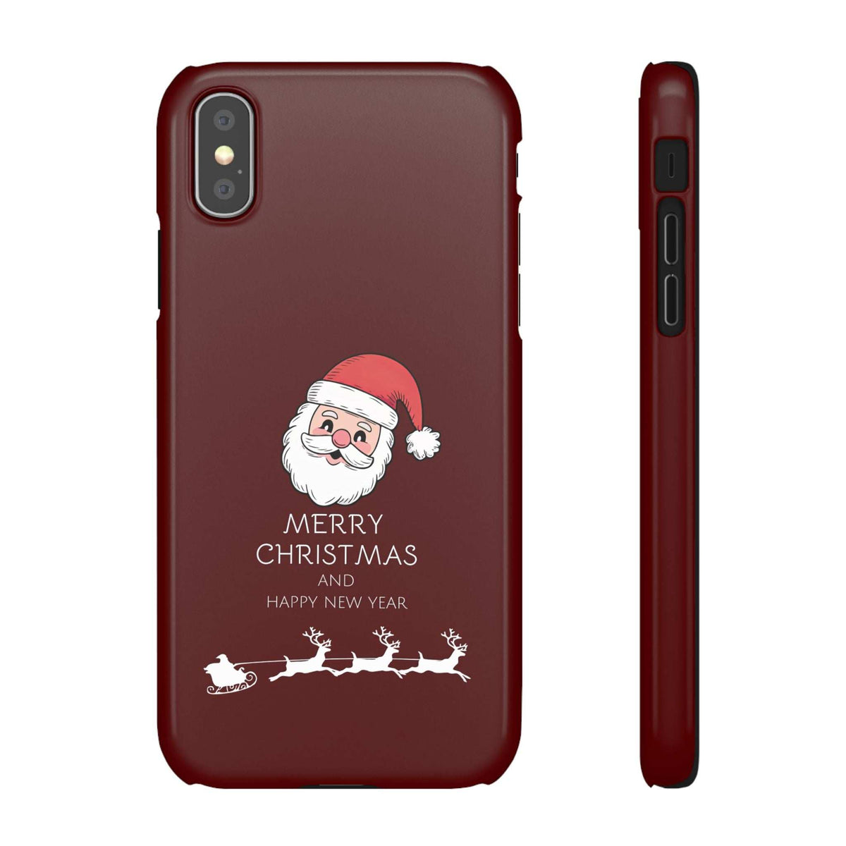Red glossy phone case back with Santa Merry Christmas graphic; side view
