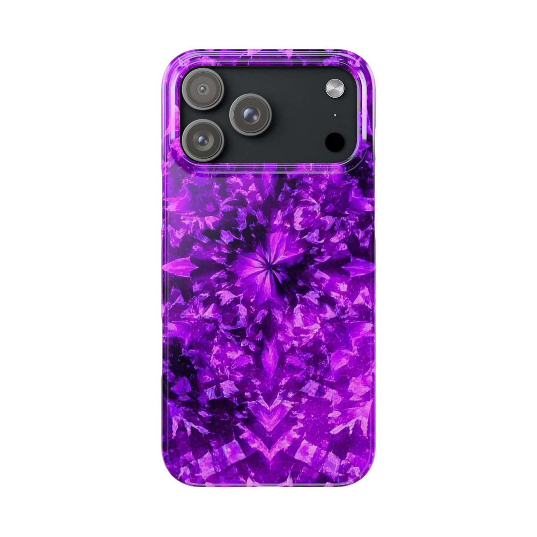 Purple kaleidoscope phone case with central starburst floral pattern and cutouts