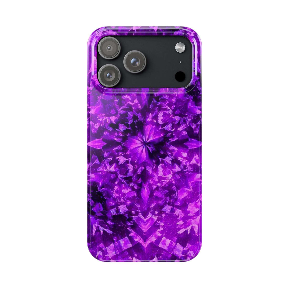 Purple kaleidoscope phone case with central starburst floral pattern and cutouts