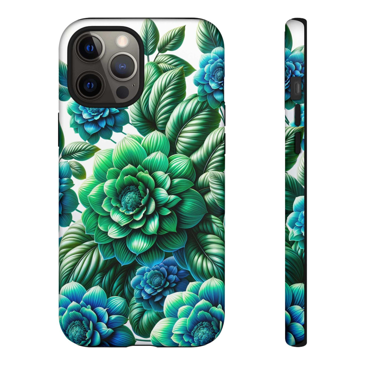 Green & blue floral phone case with peony and leaf pattern, raised camera module