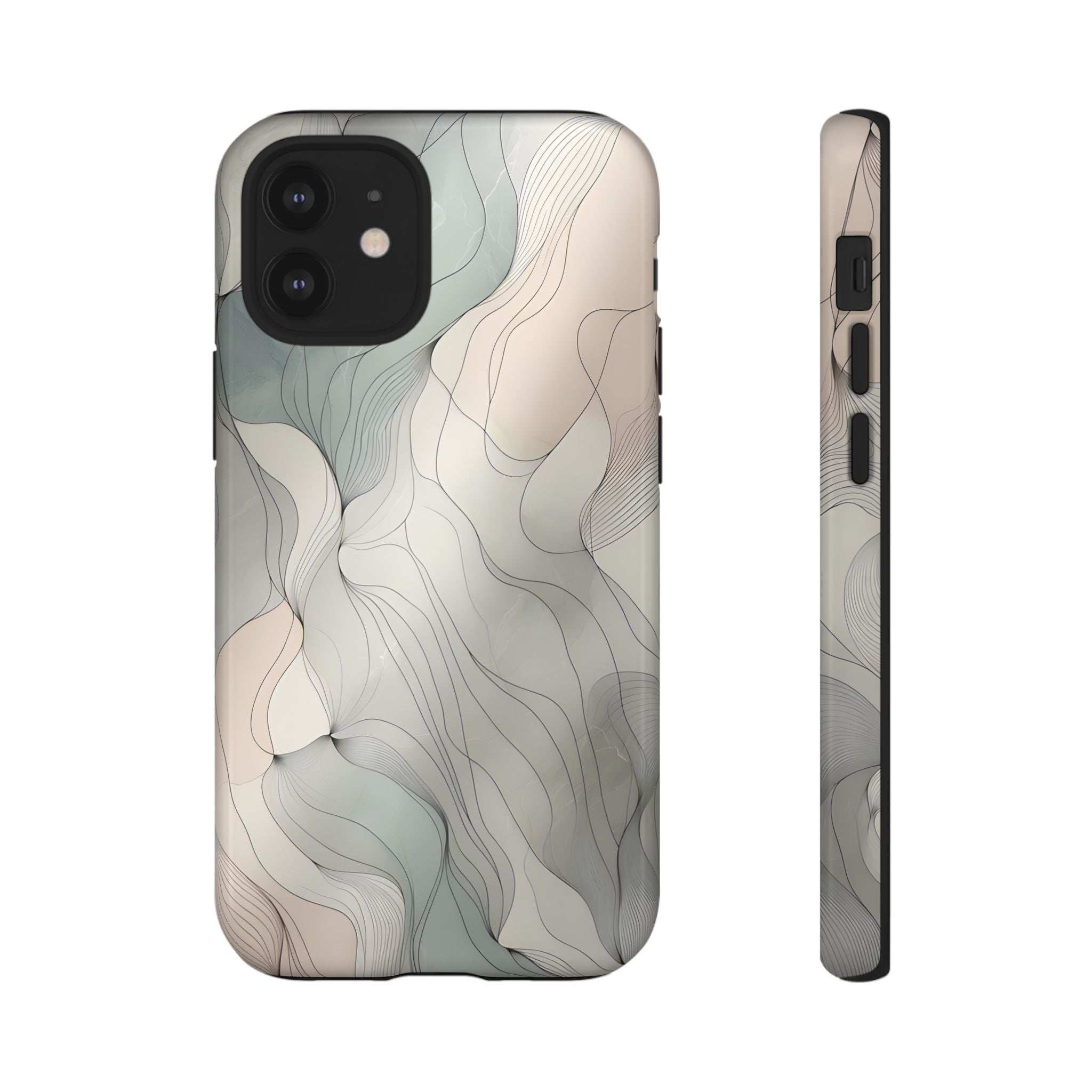 Phone case with pastel wave design in light beige and teal swirls, camera cutouts.