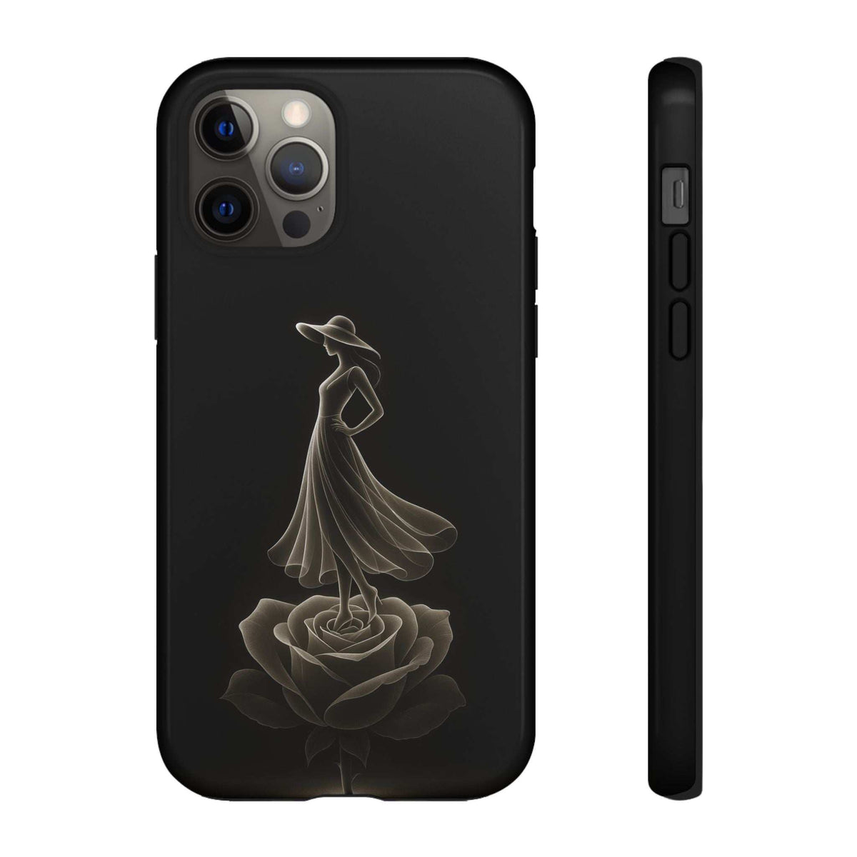 Black glossy phone case with lady and rose motif; back view with quad camera cutouts