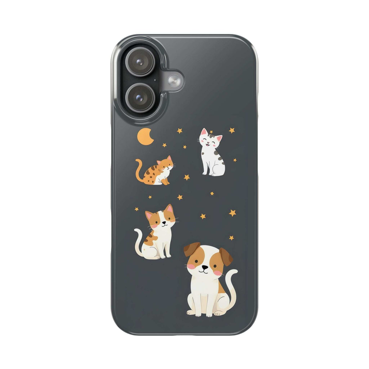 Dark iPhone phone case with cat and dog design, moon and star details