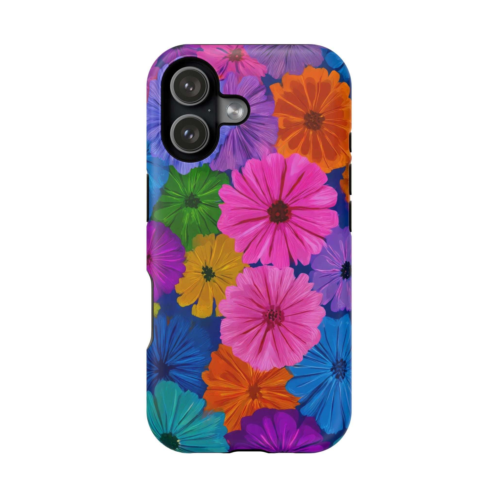 Bright multicolor flower-pattern phone case with camera and flash cutouts, smooth finish.