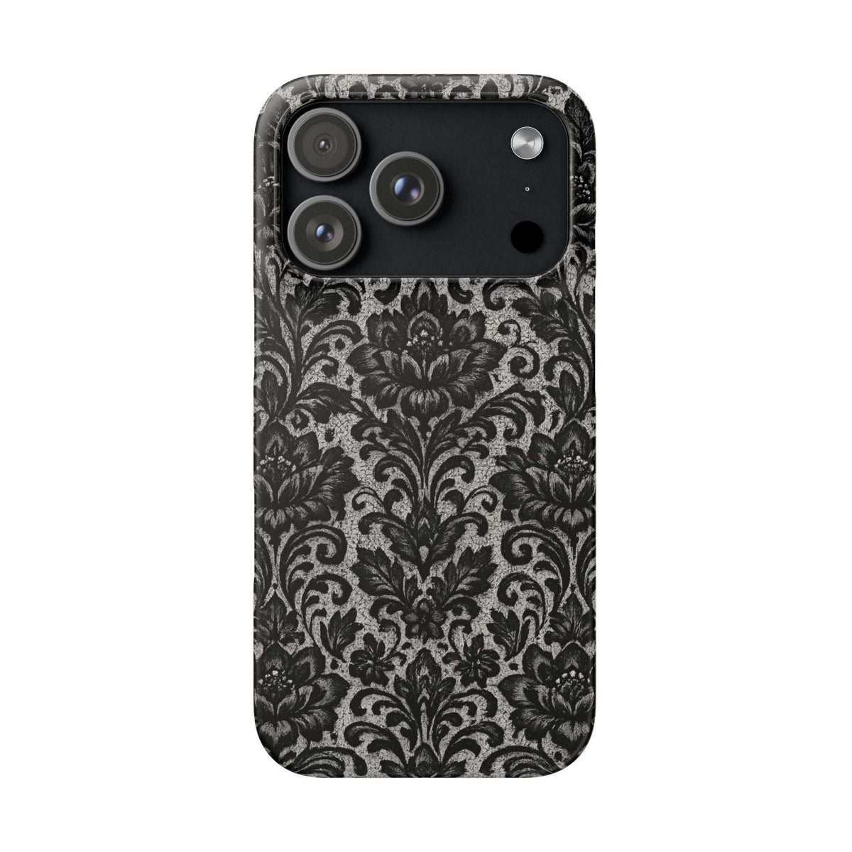 Damask floral phone case, back view, dark gray/black with camera module at top