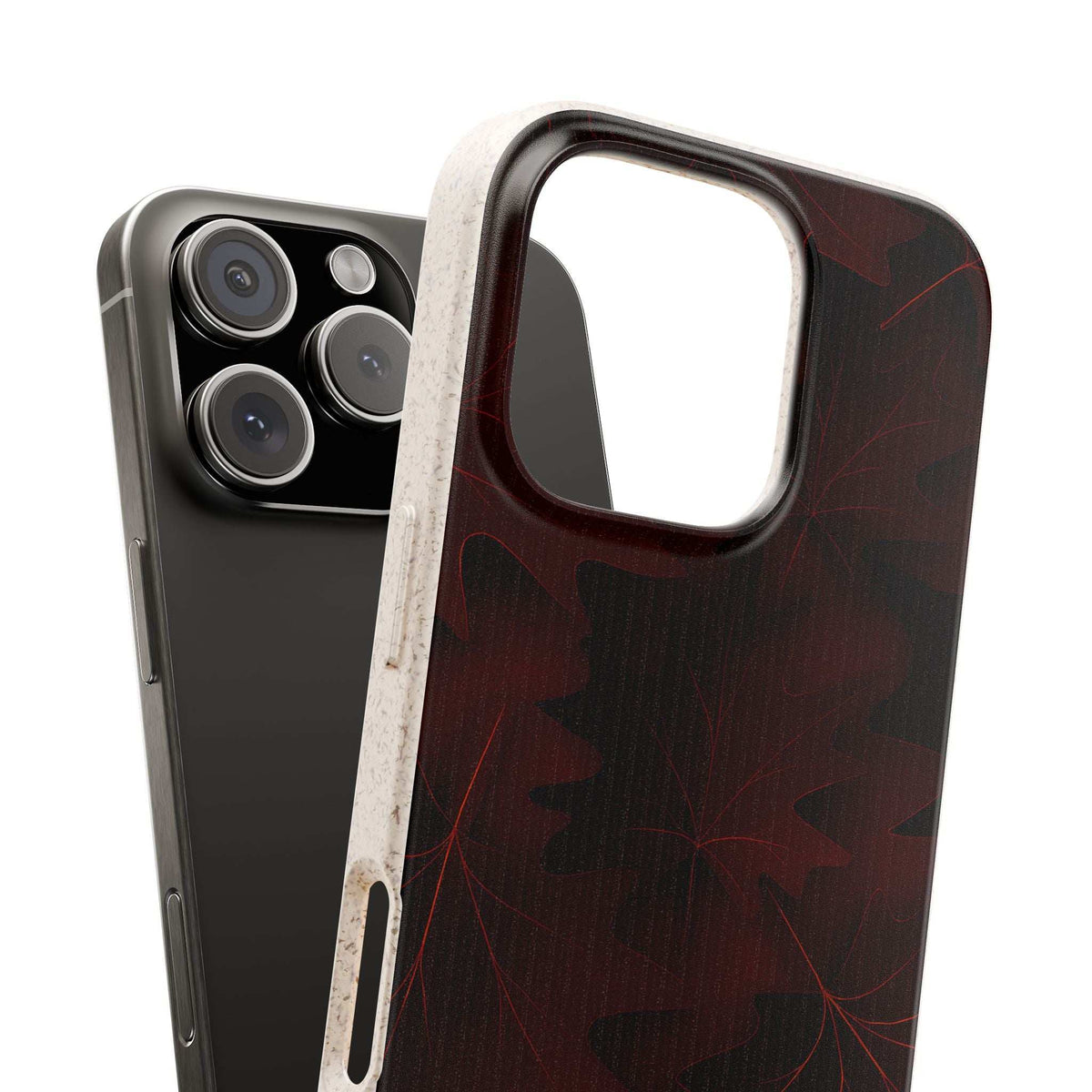 Leaf-pattern phone case in dark maroon with red outlines, beige edge