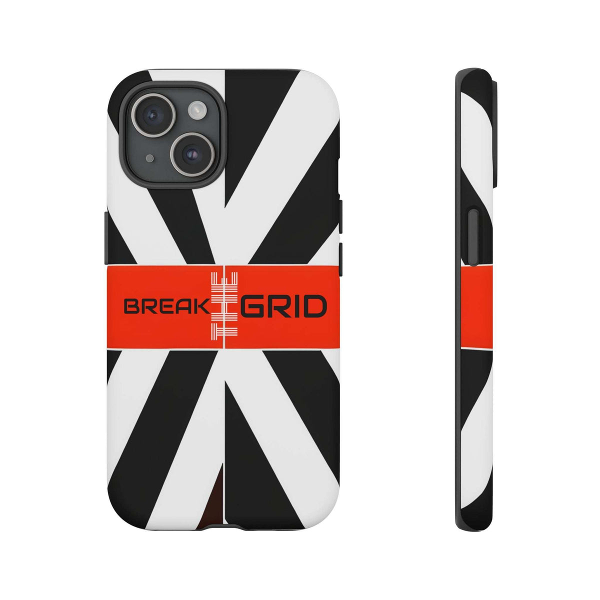 Geometric phone case with black-and-white striped design and orange center band, rear camera cutouts