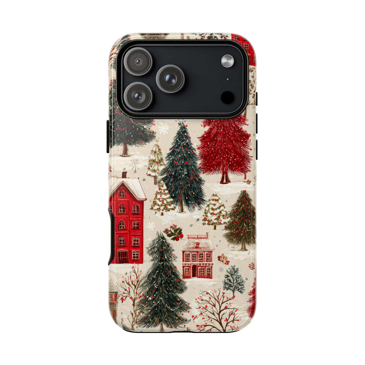 Phone case rear view featuring winter village print with red houses, green trees, and snow