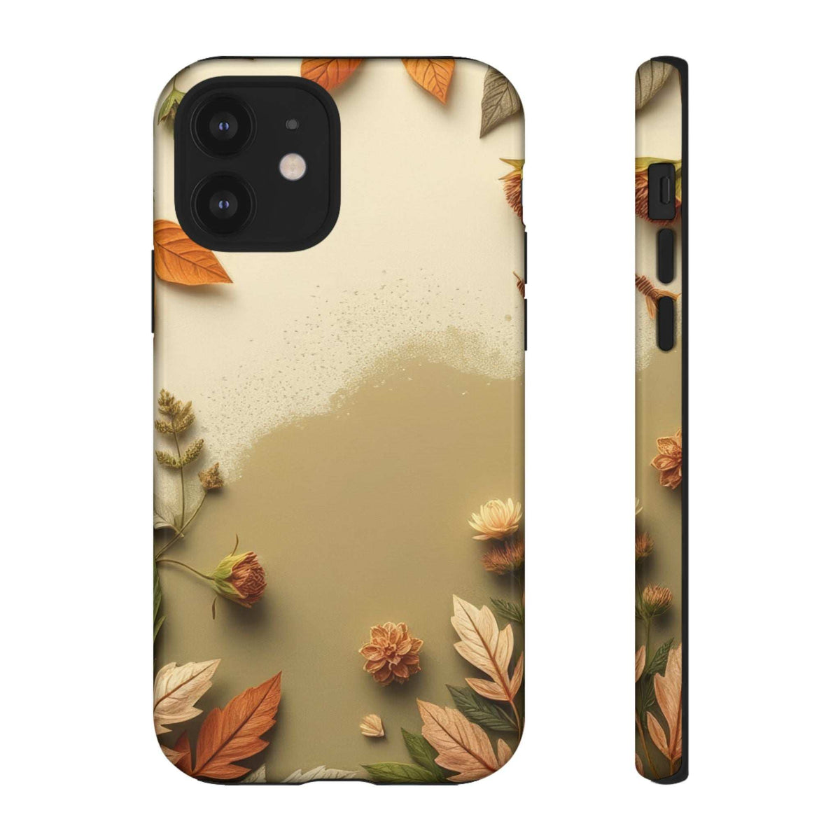 Autumn leaf phone case front and side view, beige leaf pattern, camera and speaker cutouts