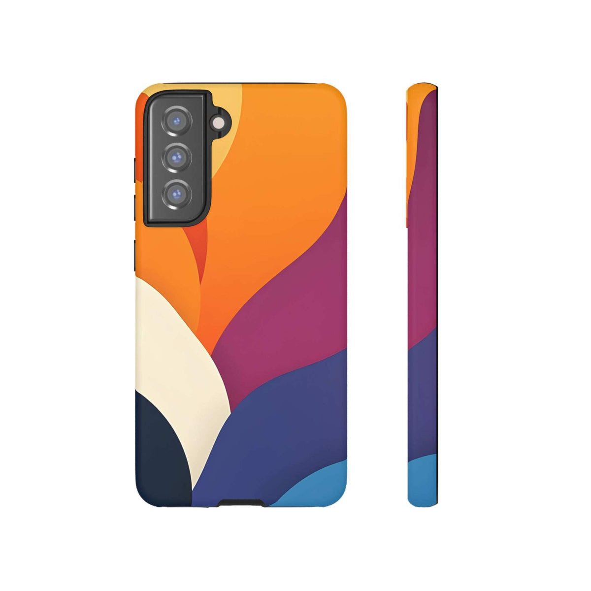 Phone case with abstract orange, magenta, and blue shapes; triple-camera cutout.