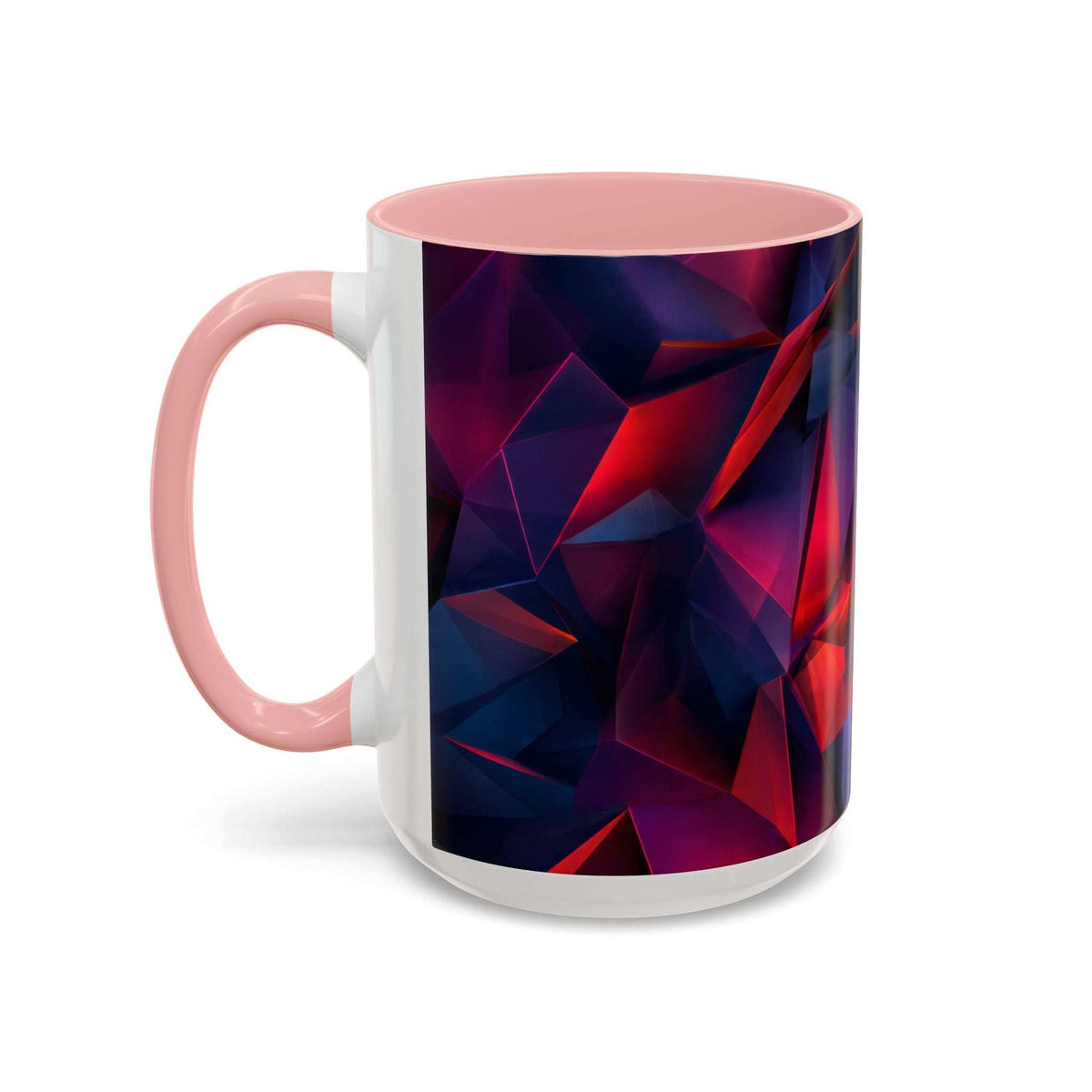 Ceramic mug with pink rim and handle, white body with red and blue geometric print