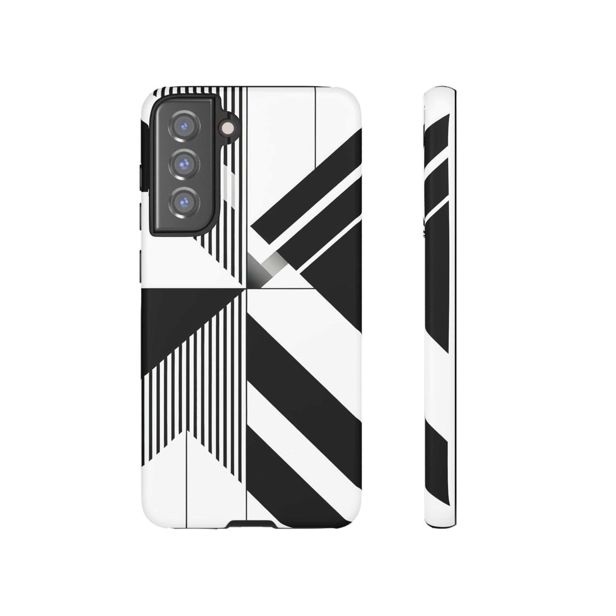Tough phone case with black-and-white geometric stripes and side view for thickness.