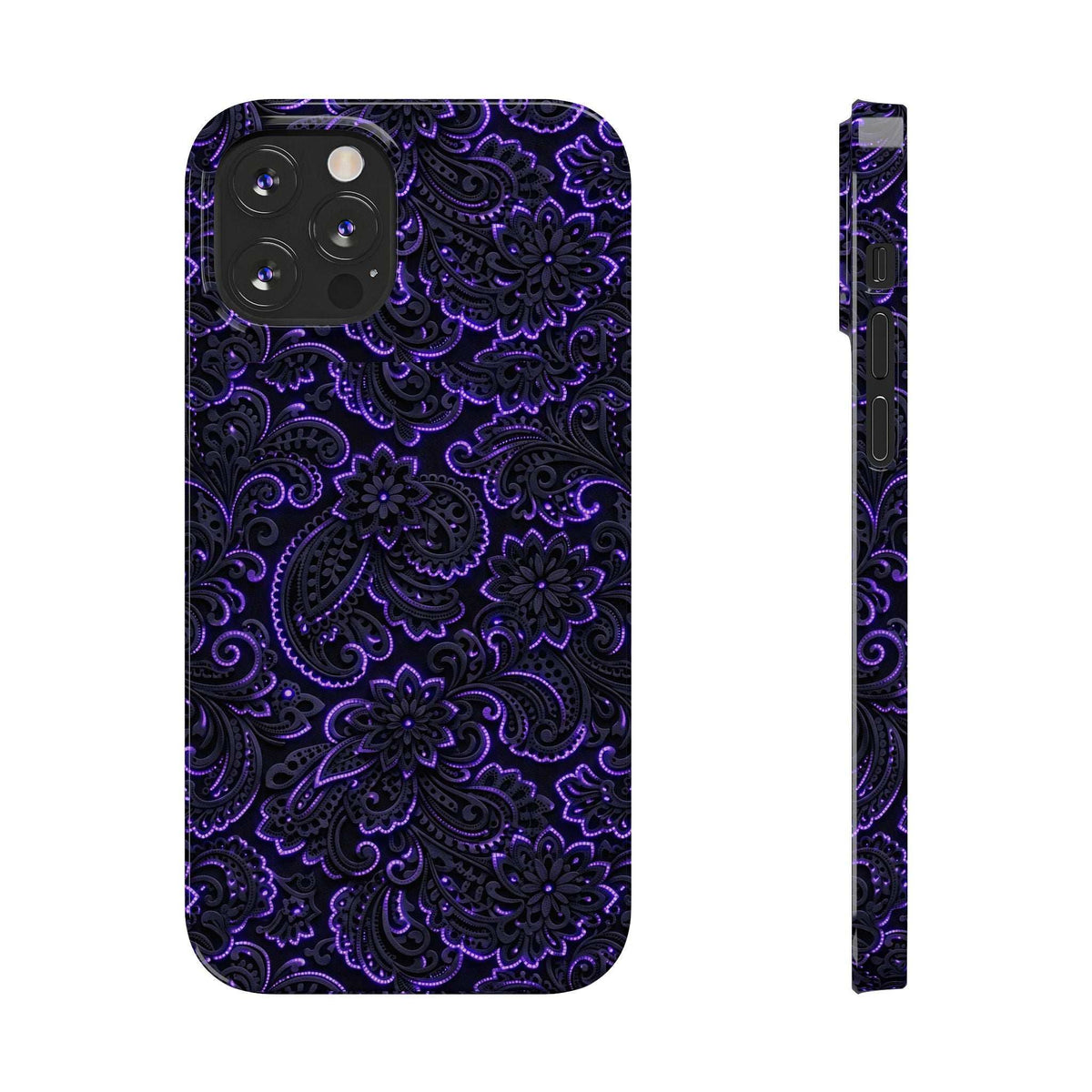 Phone case with neon purple paisley pattern, front view with camera cutouts.