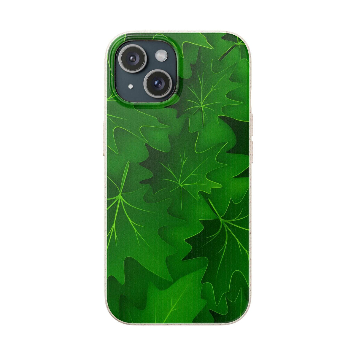 Green iPhone or Samsung phone case with botanical leaf pattern and dual camera cutout