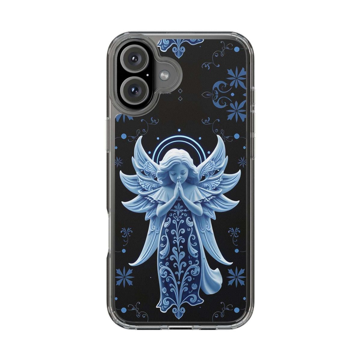 Clear phone case featuring a blue angel praying design across the back panel