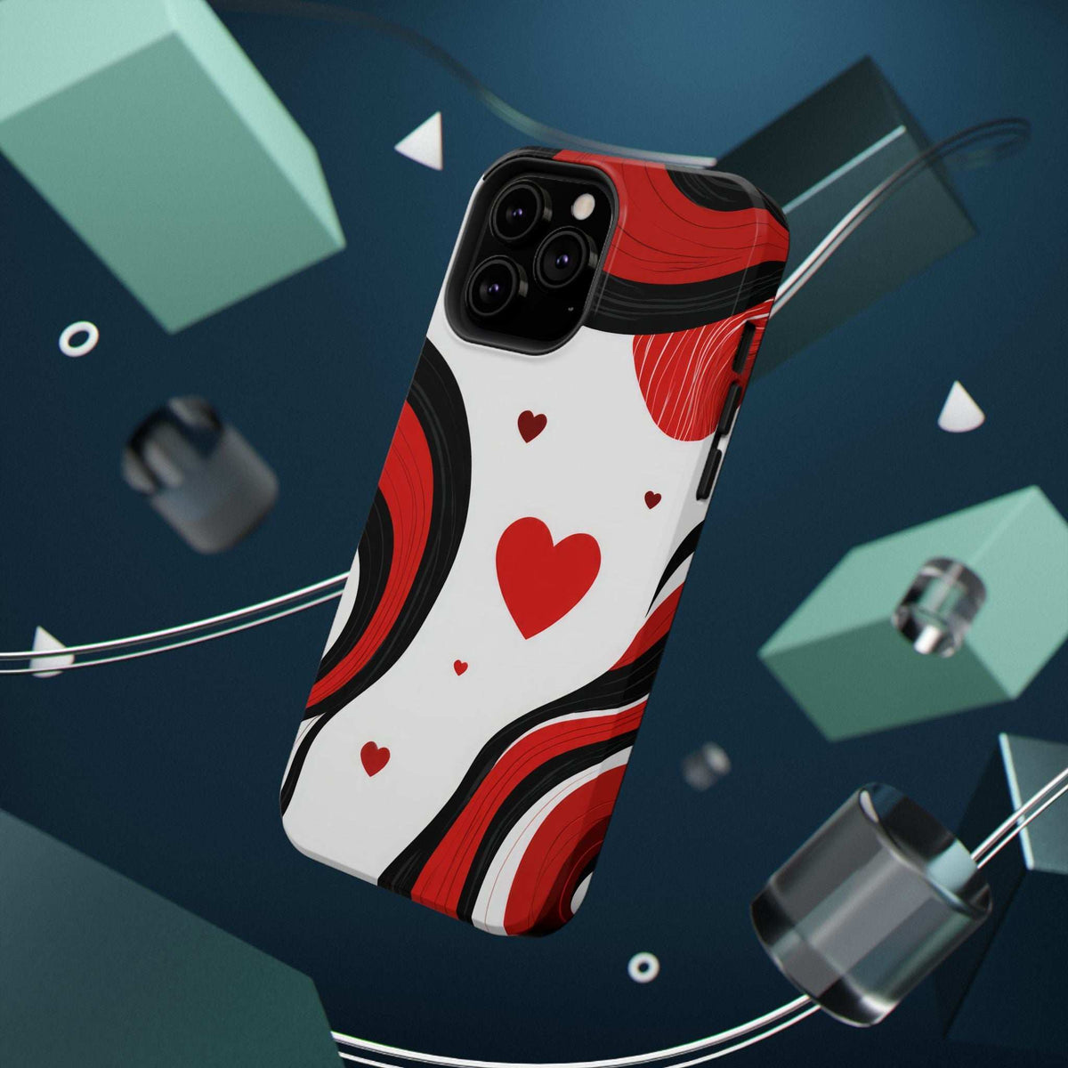 Red, white, and black heart swirl phone case; triple camera cutouts on back