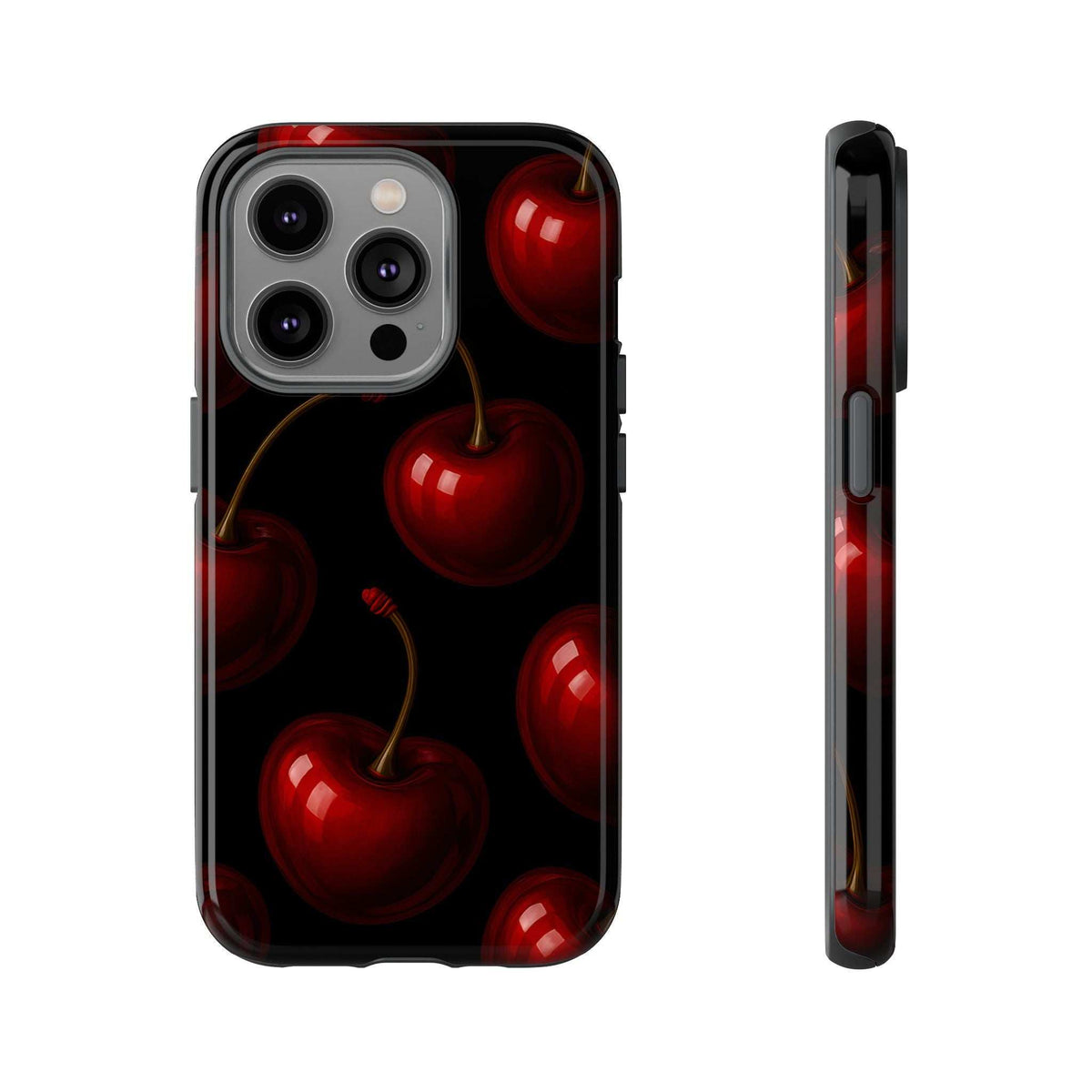 Glossy phone case with red cherry print, large camera cutout and slim side profile