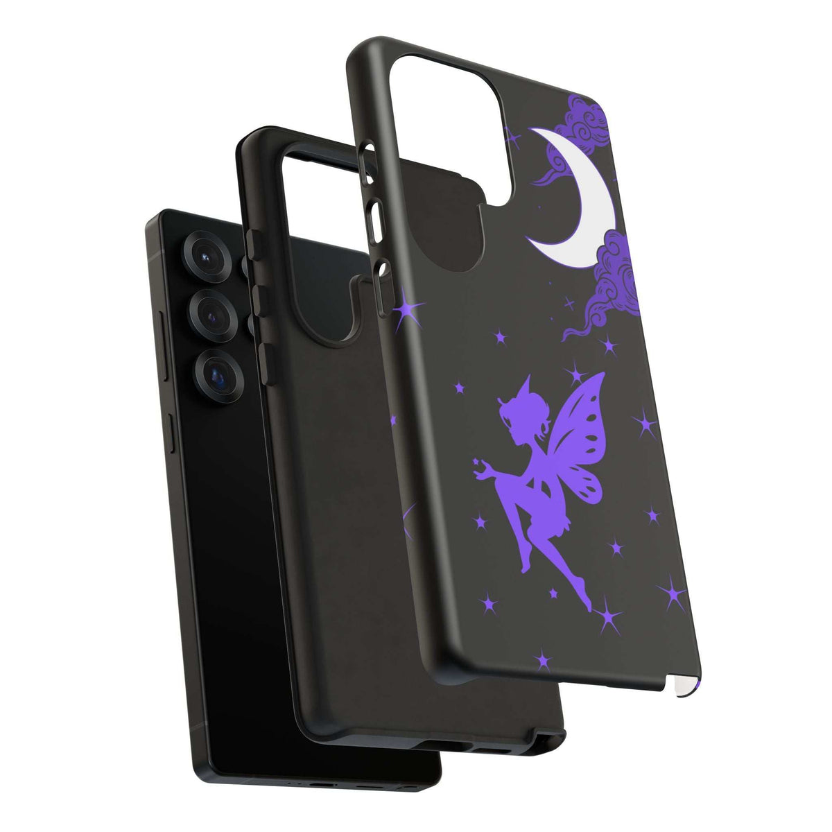Black phone case with purple fairy silhouette, crescent moon, and stars, angled view.