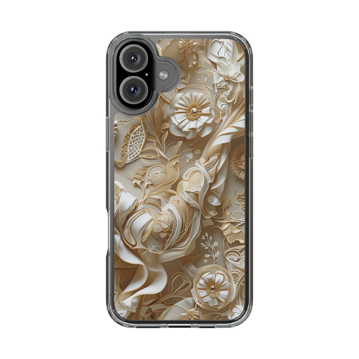 Clear phone case with gold-and-cream floral pattern, raised camera cutout