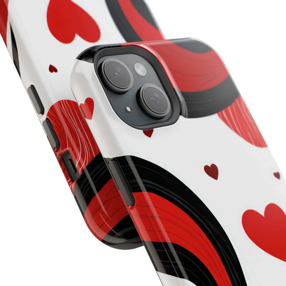 Glossy phone case with red and black wave pattern and small red hearts; camera cutouts