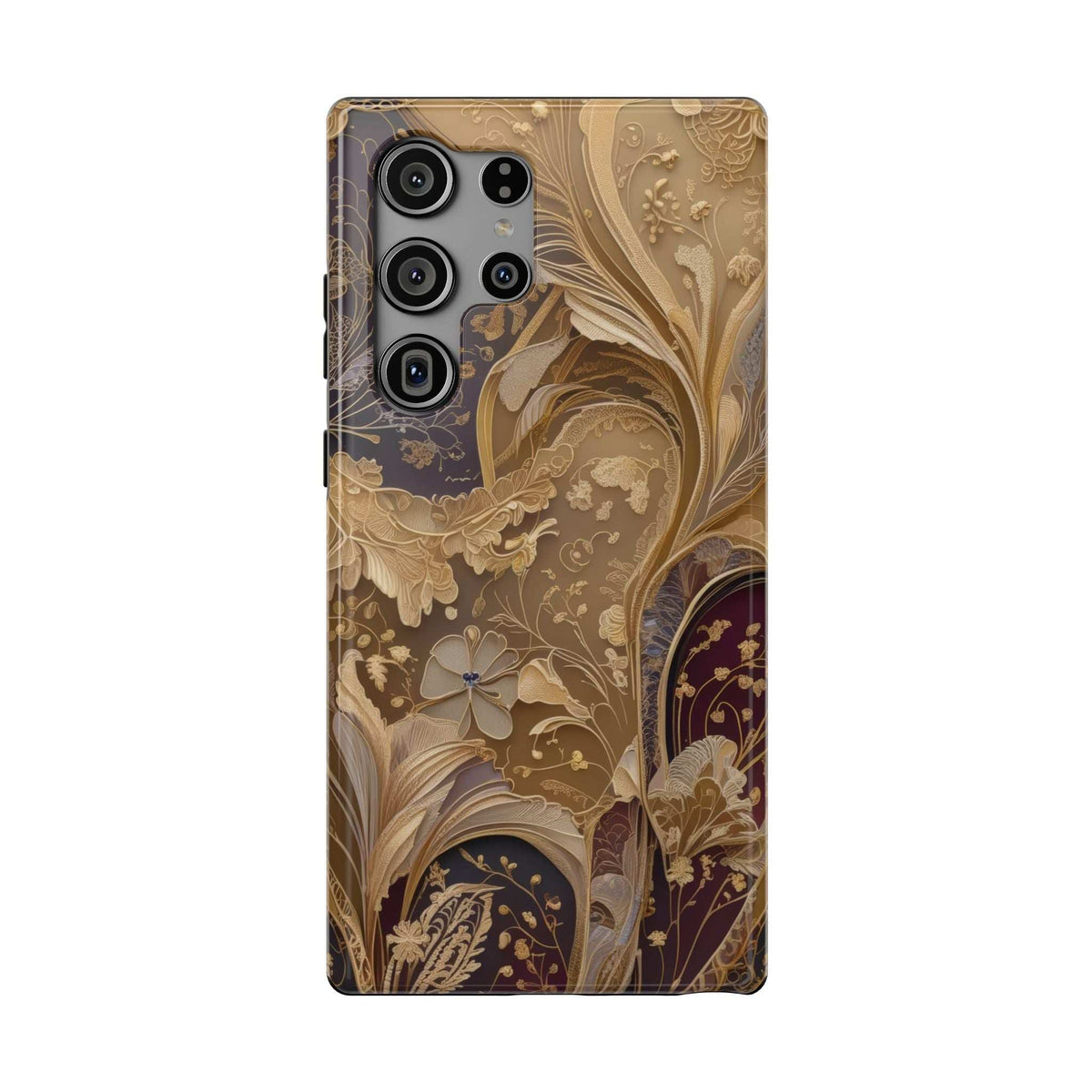 Tan botanical phone case with vintage-style floral pattern and multiple camera lens cutouts