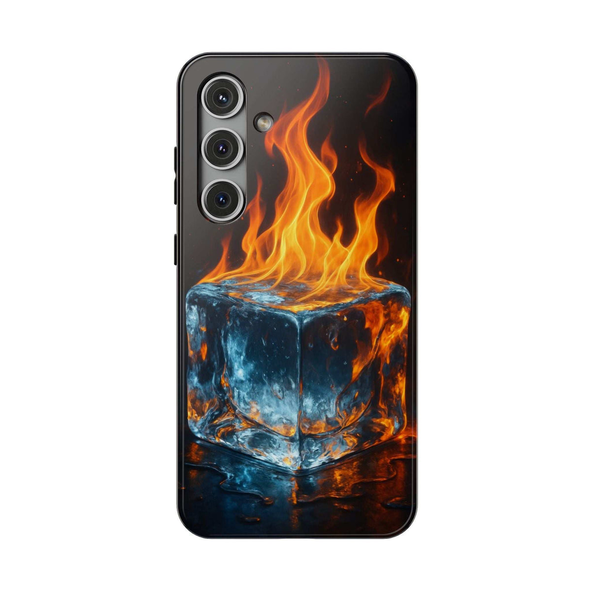 Black glossy phone case with flame-and-ice cube graphic and left-side camera module