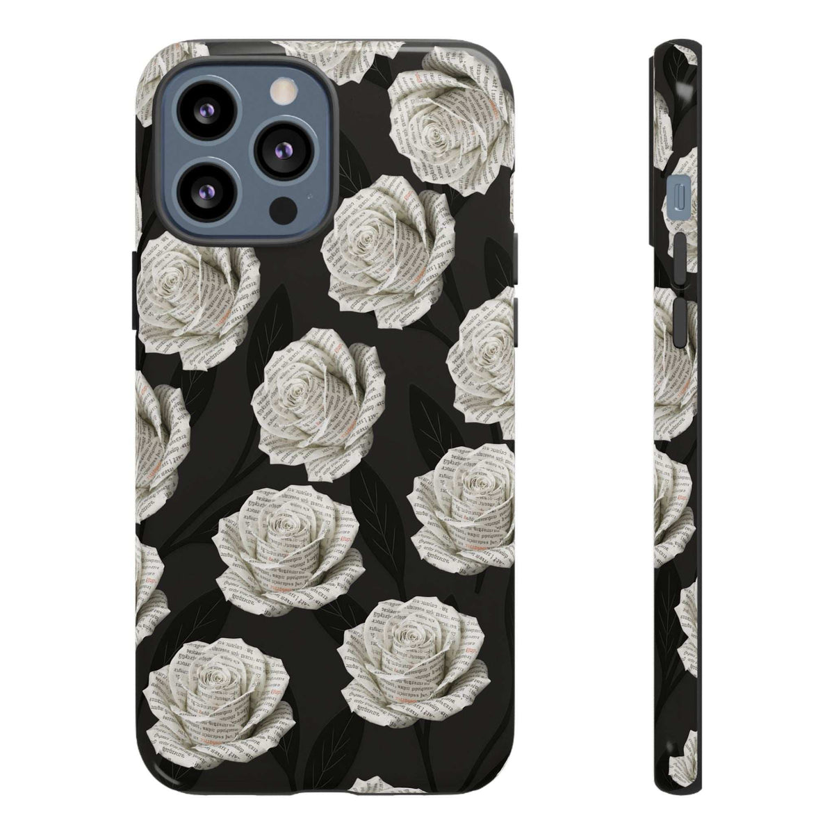 Black phone case with white roses, camera cutout at top and matching side cutouts
