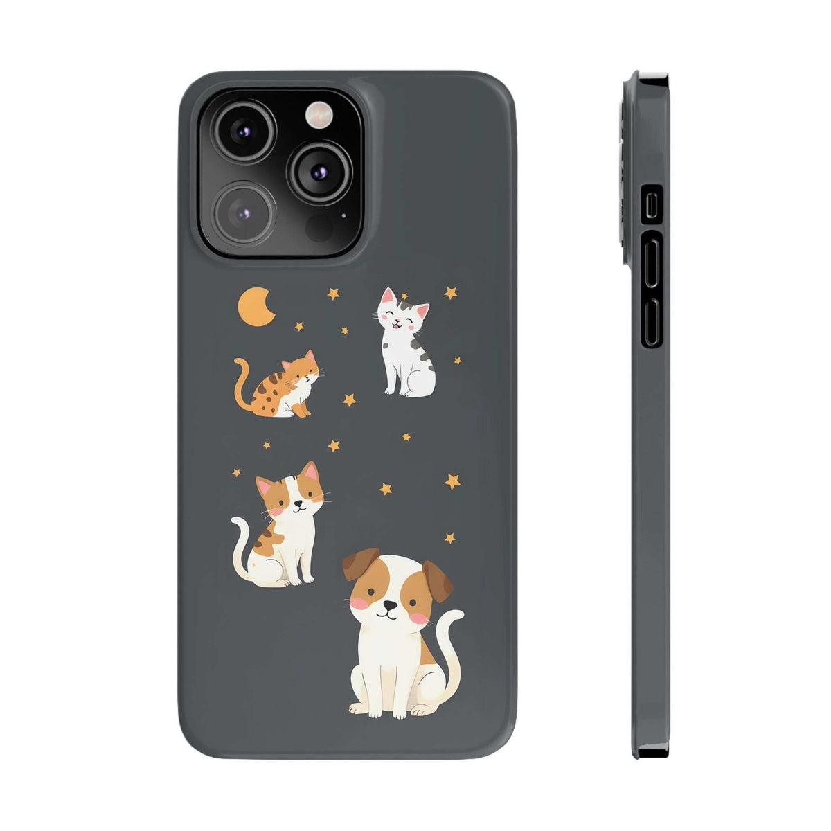 Dark gray iPhone case with cat and dog design, stars and moon pattern, camera cutouts