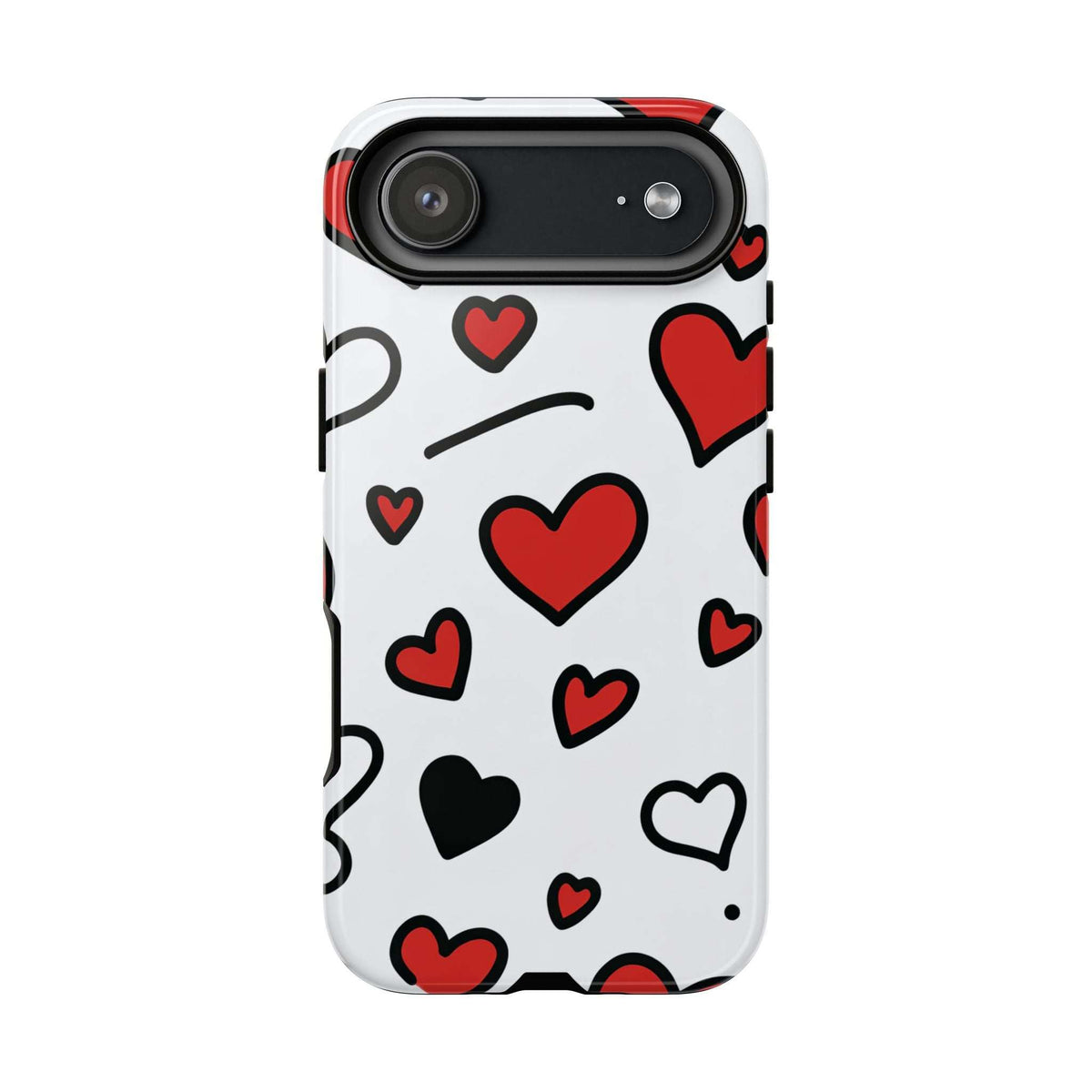 White phone case with scattered red and black hearts; camera cutout on top