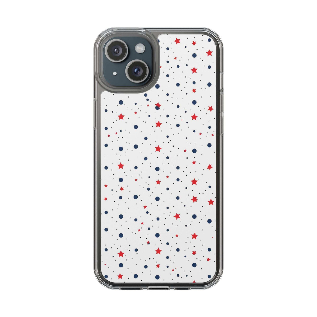 Clear phone case with red stars and blue polka dots on white; camera and flash cutouts
