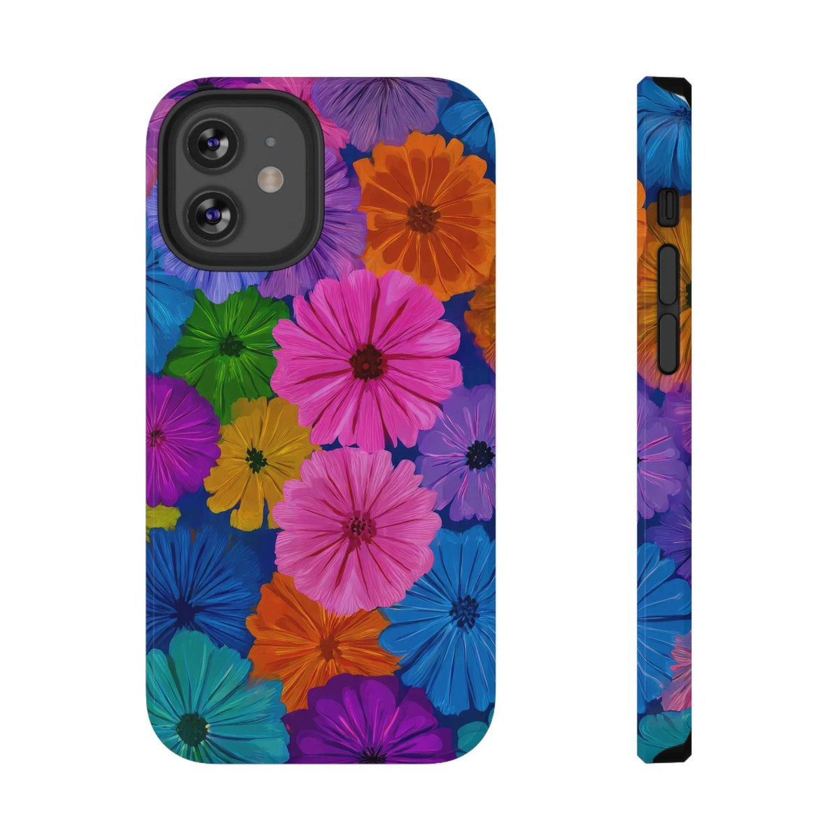 Multicolor floral phone case with black camera cutout, back view