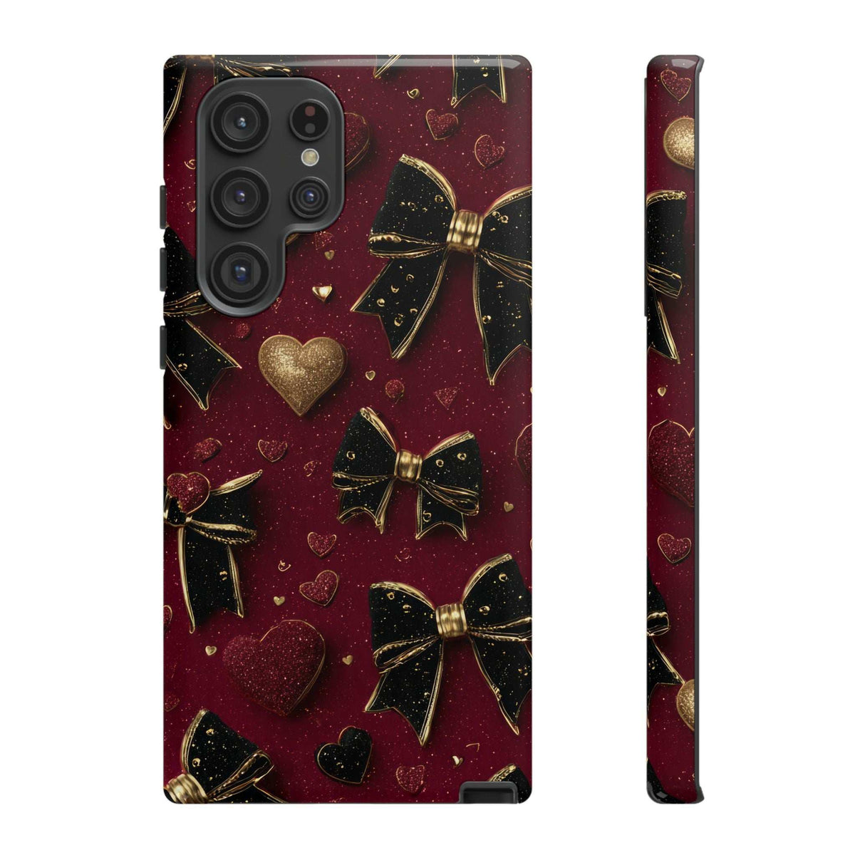 Valentine charm phone case showing burgundy hearts, gold bows, and side profile