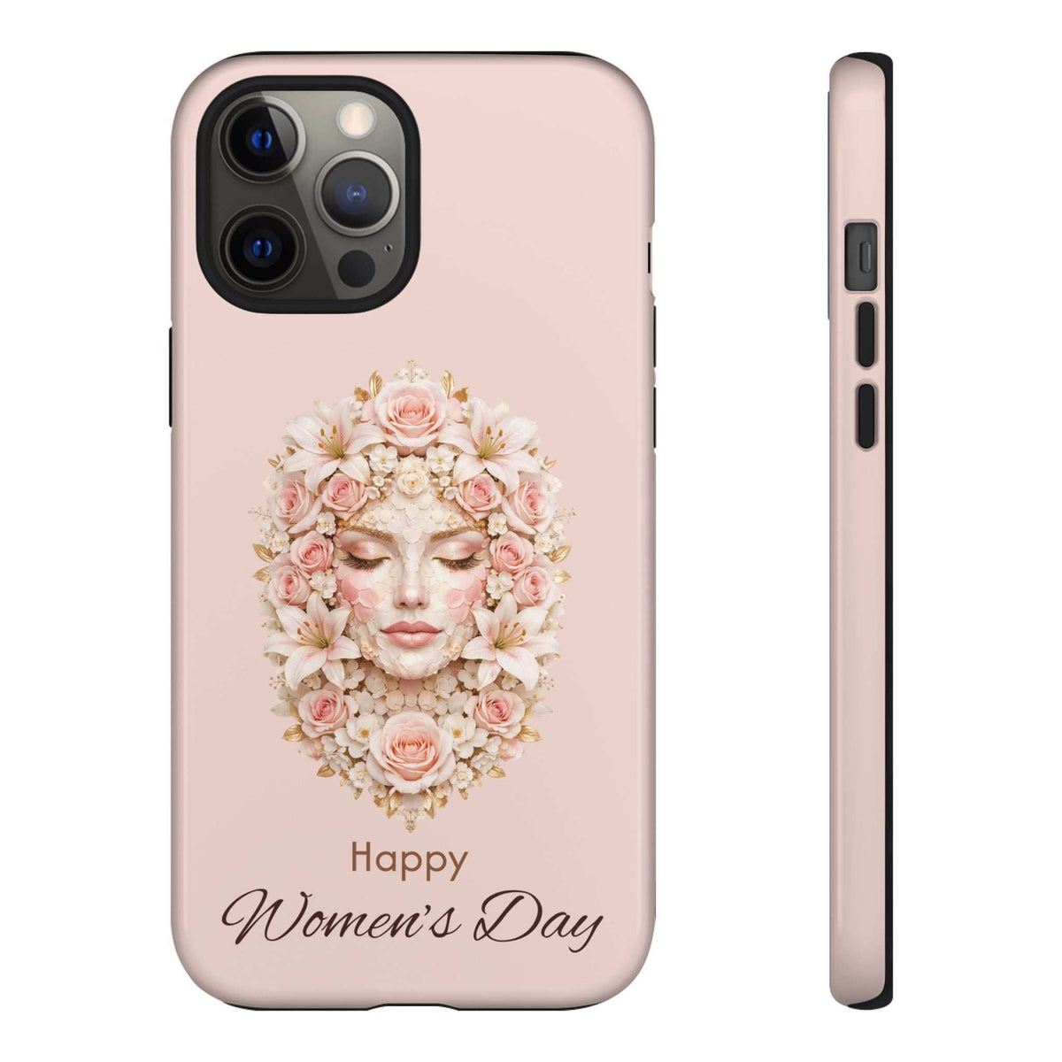 She Blooms phone case in soft pink with floral wreath woman face; “Happy Women’s Day” text; front and side