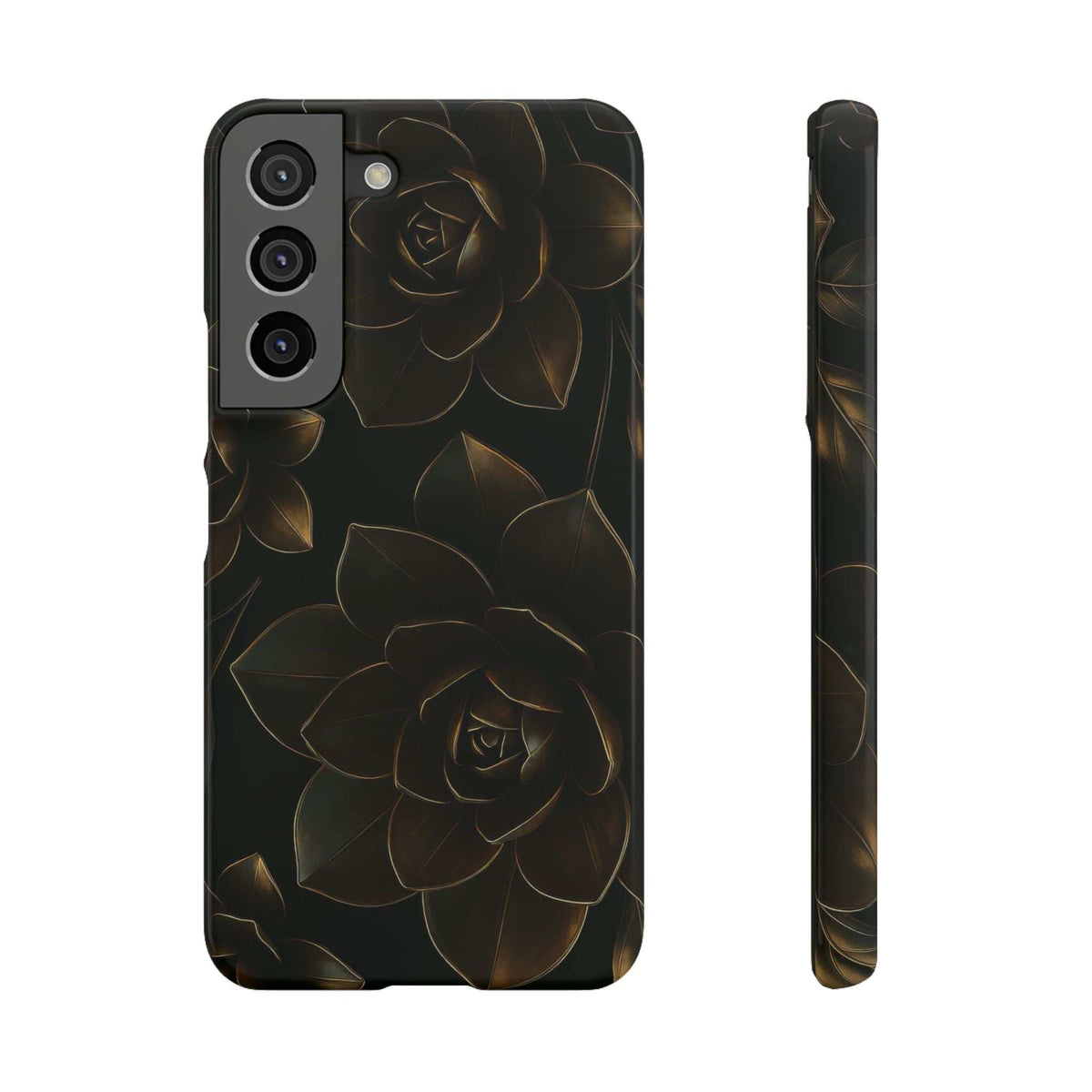 Glossy black phone case with gold rose and leaf metal-flower design, back view