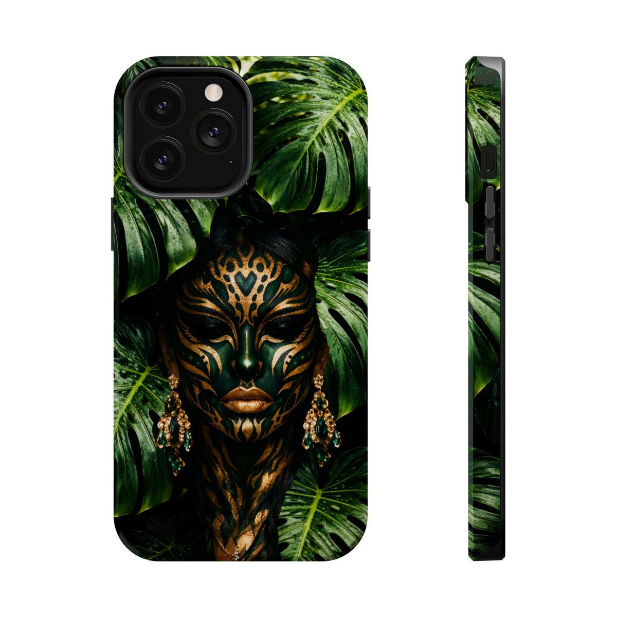 iPhone phone case with green leaf pattern and golden spirit mask, front plus side view