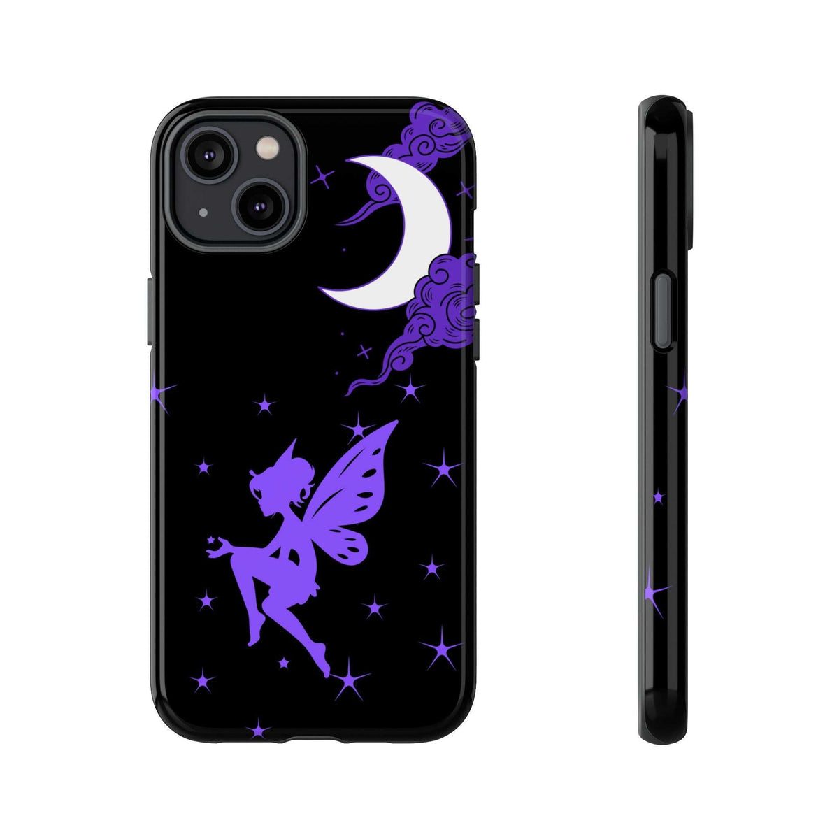 Black phone case with purple moon, fairy wings, and stars; camera cutout and side profile