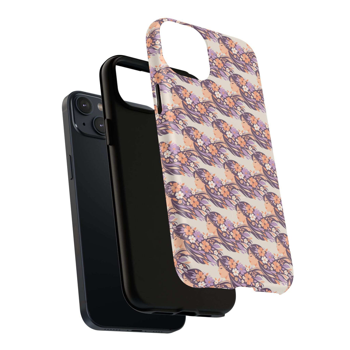 Floral phone case with pink and purple flower pattern and protective camera bump cutout