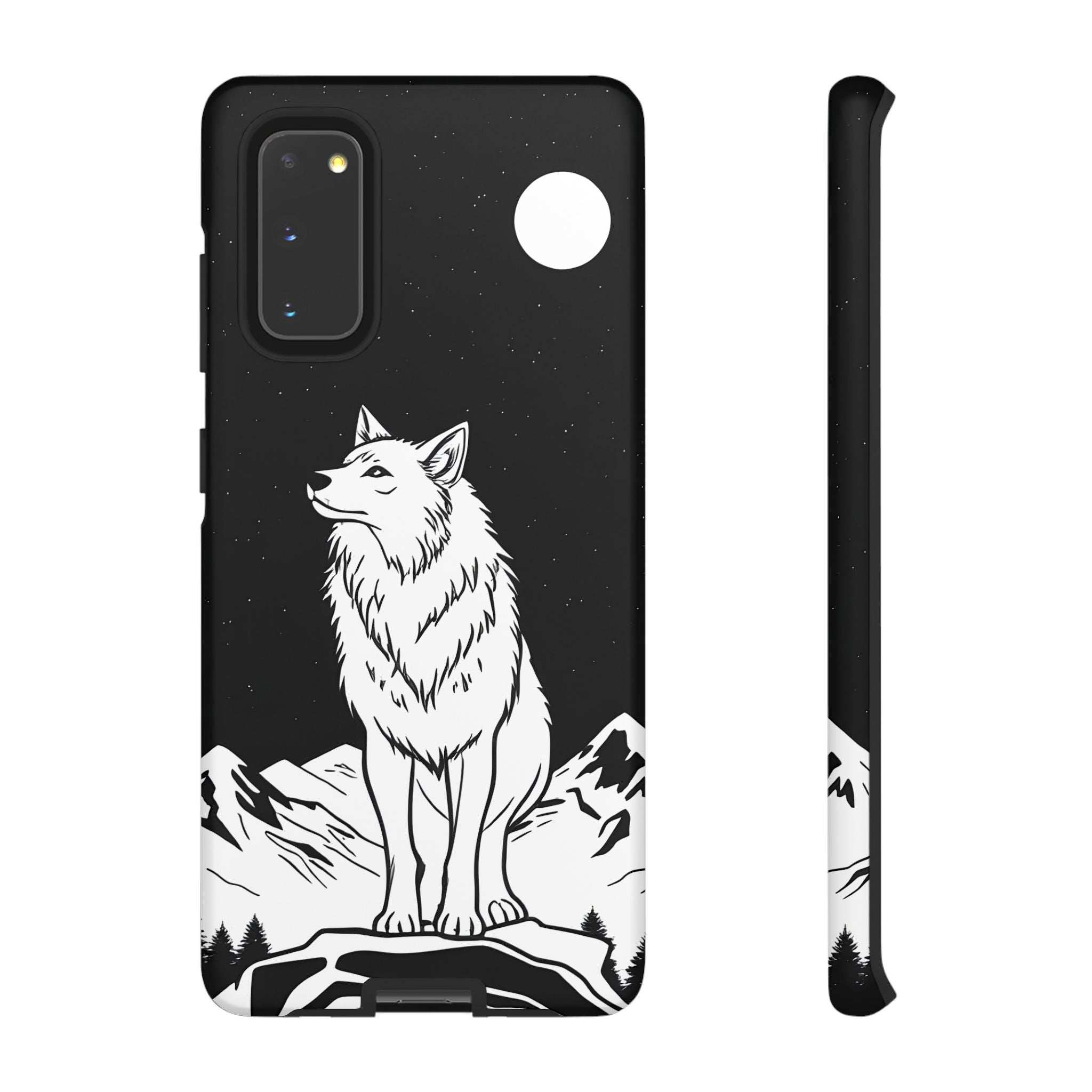 Black phone case with white wolf illustration, shown with separate side guard piece