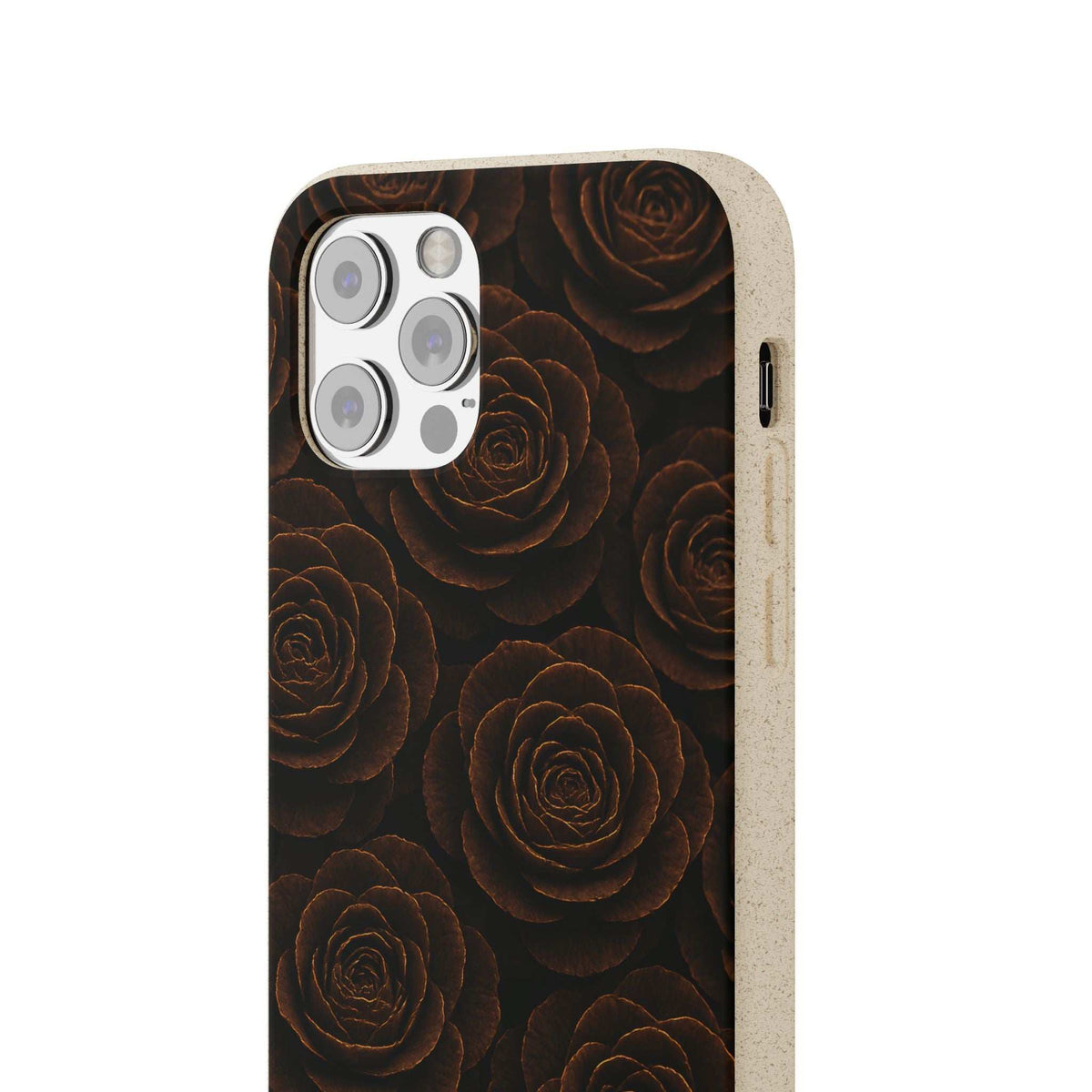 Dark rose patterned phone case with light wood trim and camera lens cutouts