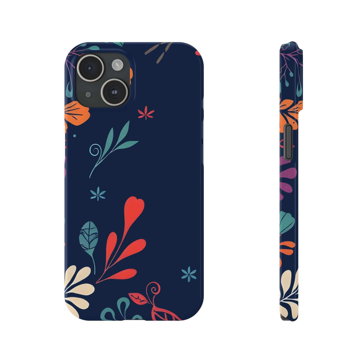 Dark navy floral phone case with bird and leaf graphics; front and side angles