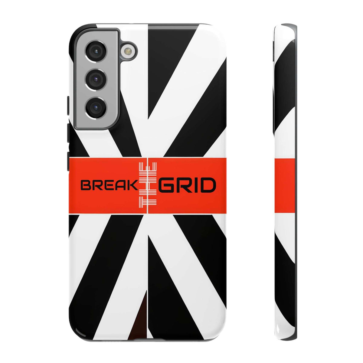 Phone case with black-and-white geometric stripes, red "Break Grid" band, front and side view.