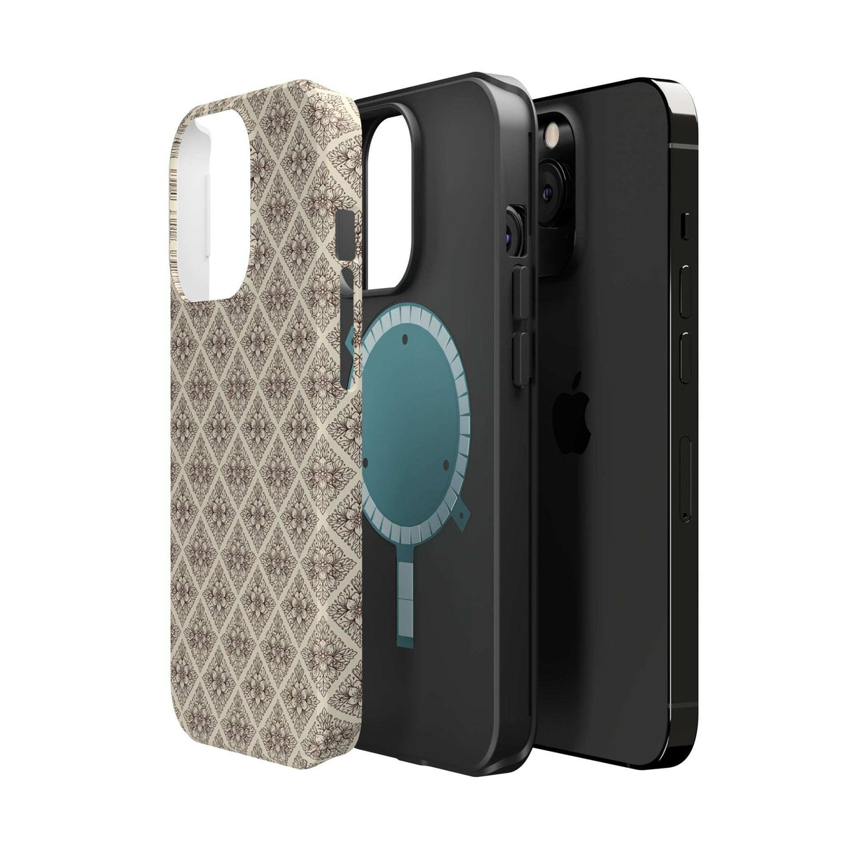 Ornate beige phone case with diamond pattern and blue key illustration, side cutouts.