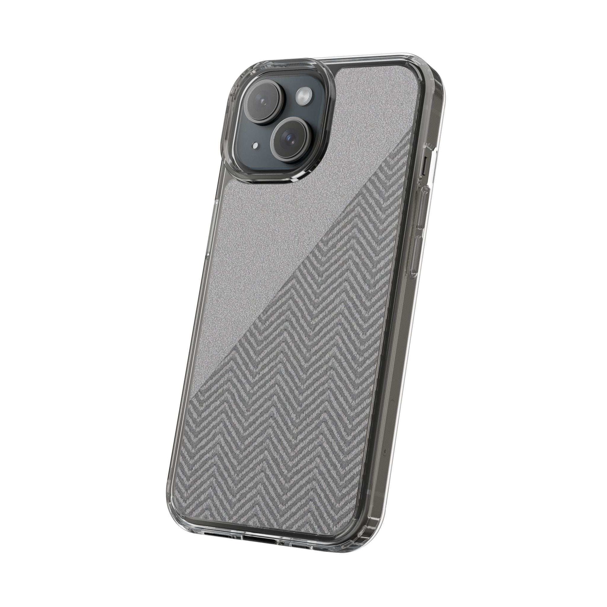 Dark herringbone tough phone case, clear sides, raised camera lens cutouts