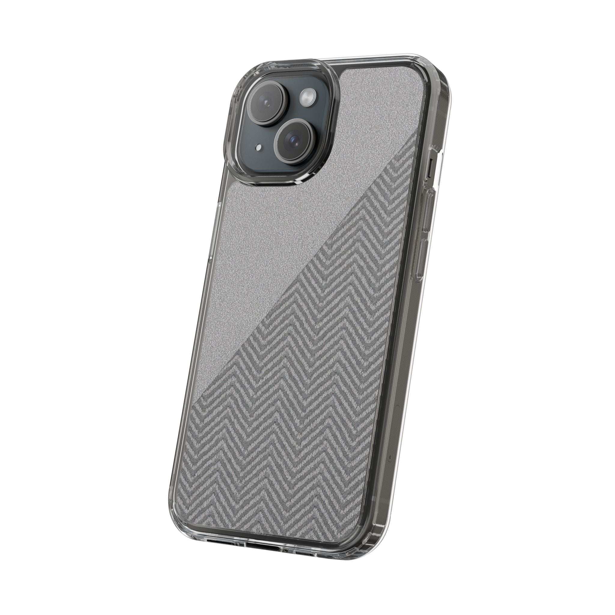 Dark herringbone tough phone case, clear sides, raised camera lens cutouts